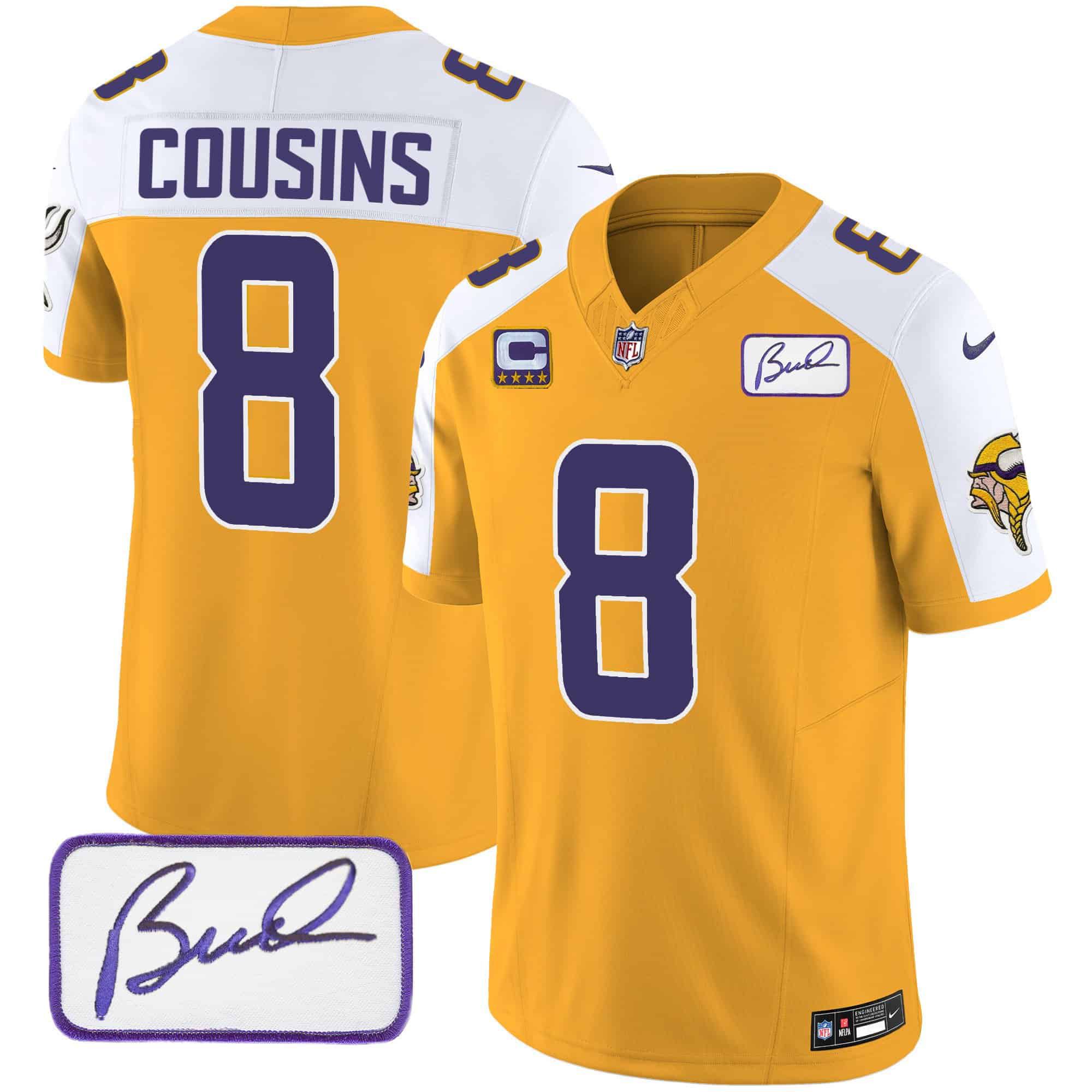 Men Minnesota Vikings #8 Cousins Yellow 2024 Nike Bud Grant Patch Classic Limited NFL Jersey style 1->indianapolis colts->NFL Jersey